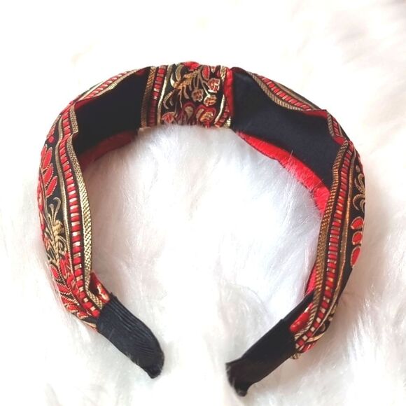 JEWELTONE JACQUARD SATIN FABRIC top knot red gold black headband - Picture 6 of 9